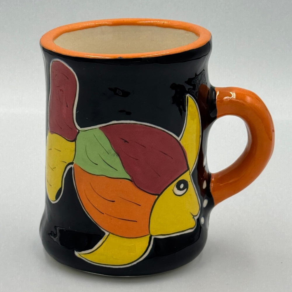 Handmade Ceramic Mug Black with Colorful Fish Design Orange Handle